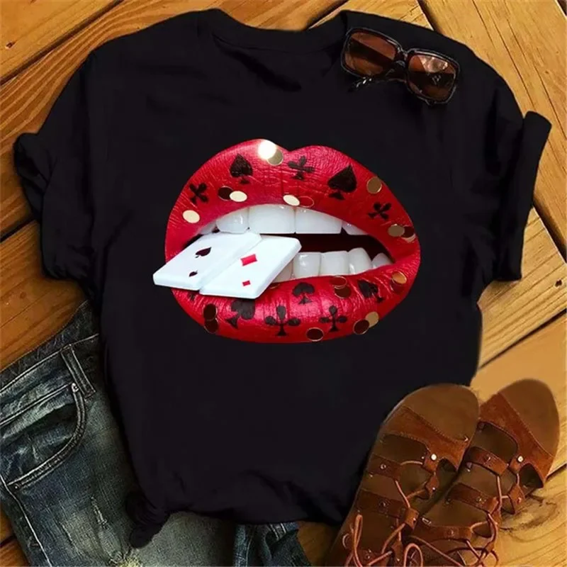 Moda lábios imprimir camiseta feminina casual manga curta o pescoço solto camiseta feminina senhoras camiseta topos roupas mujer