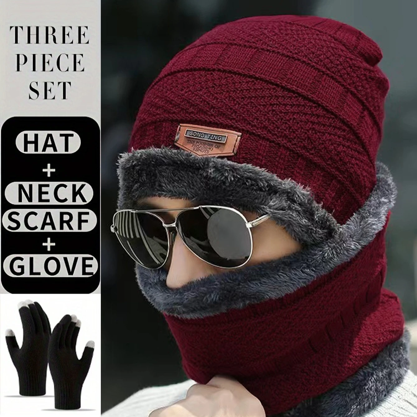 3-piece Winter Warm Hat Scarf Glove Set Suitable for Men's and Women's Scarves, Hats, Outdoor Casual Hats, Gloves