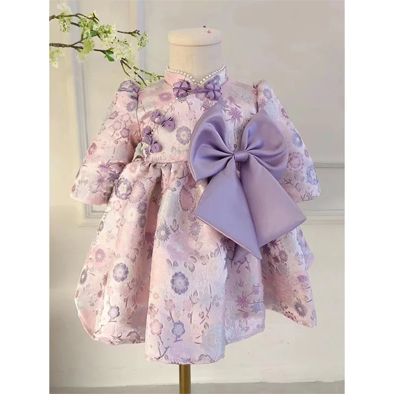 

Children Long Sleeve Party Performance Dress y1422 New Girls Sweet Cute Purple irthday Baptism Princess Ball Gown