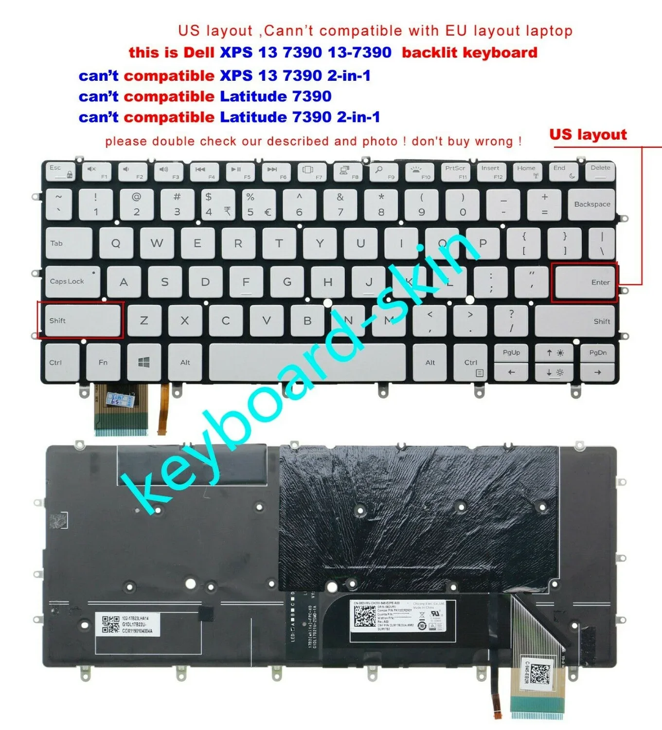 

New US Backlit white Keyboard for Dell XPS 13 7390 (not for XPS 13 7390 2-in-1) series laptop