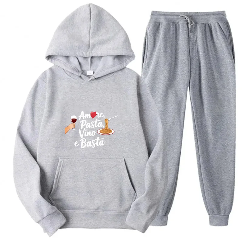 طقم هوديي رمادي + نمط ونص مطبوع Amore Pasta Vino e Basta
