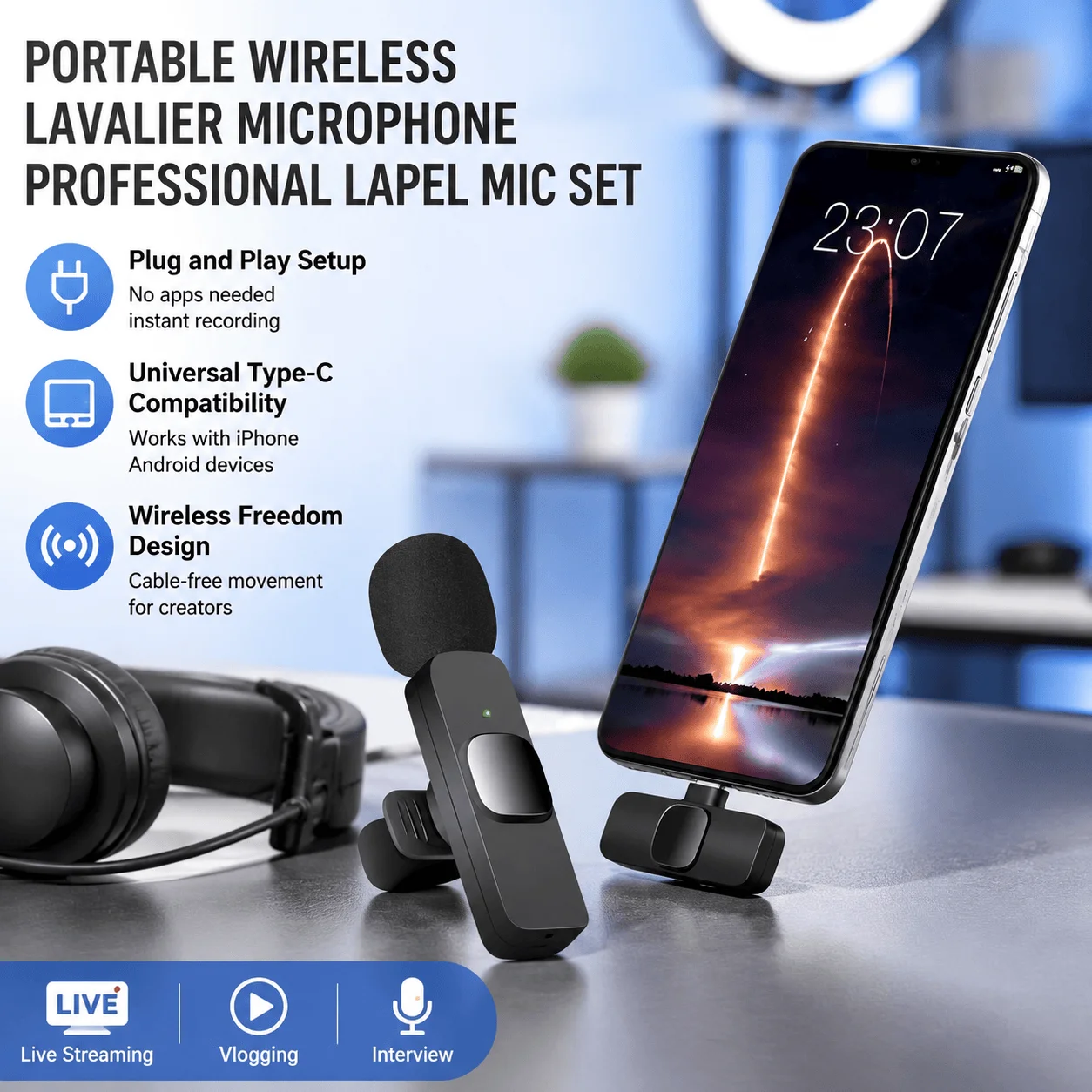 Audio Music Live - Microfone de Lapela Sem Fio Tipo-C