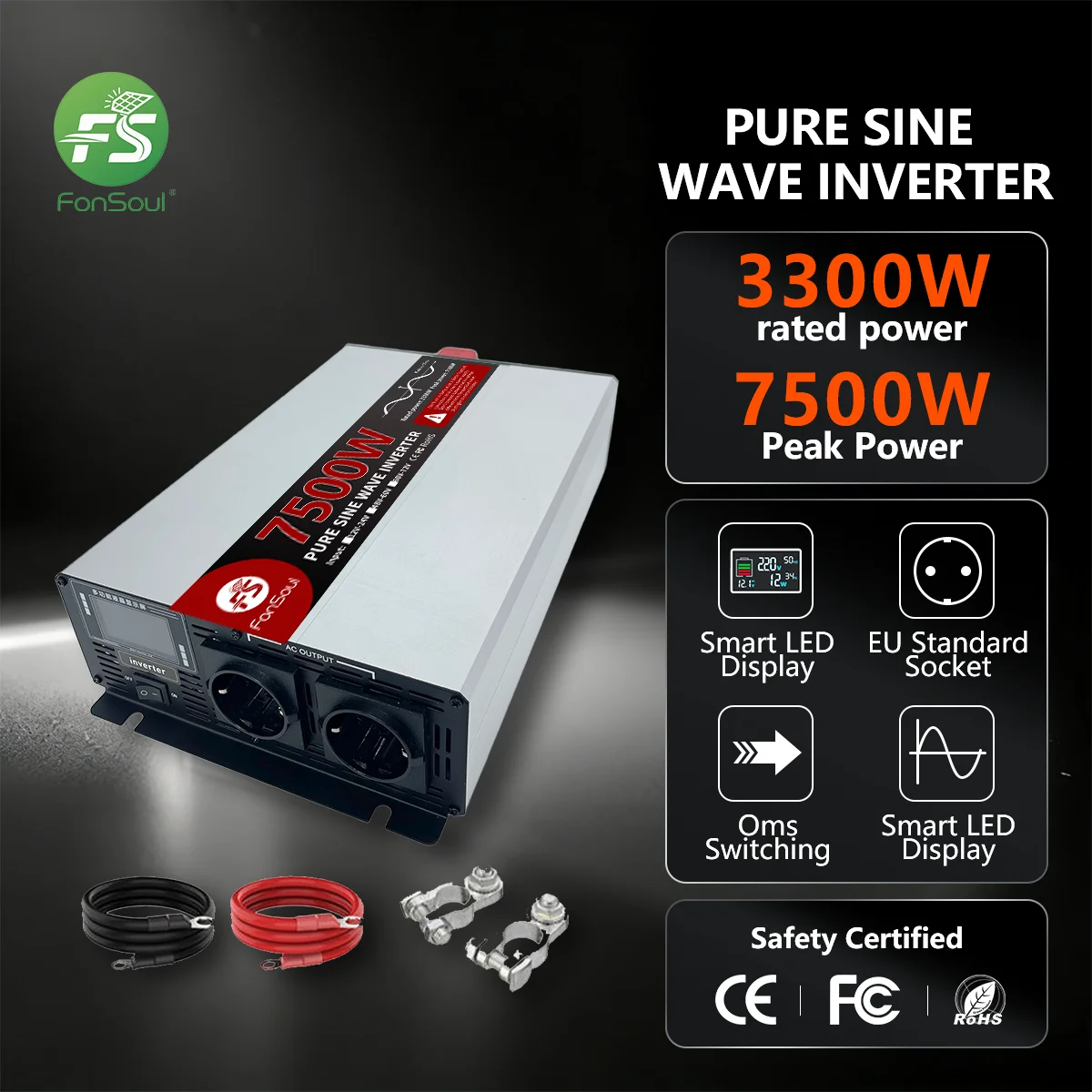 Fonsoul 7500W Pure Sine Wave Inverter 12V 24V 48V to 110V 220V LCD Display 2 Universal Sockets Voltage Solar Power Car Inverter