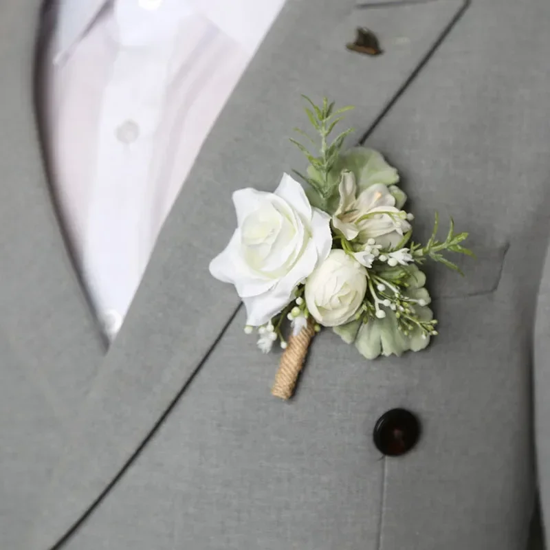 Boutonniere ดอกไม้ TULIP Corsage ผู้ชายงานแต่งงานเข็มกลัดเจ้าบ่าวสีขาวประดิษฐ์ดอกไม้ผ้าไหม Corsage อุปกรณ์จัดงานแต่งงาน