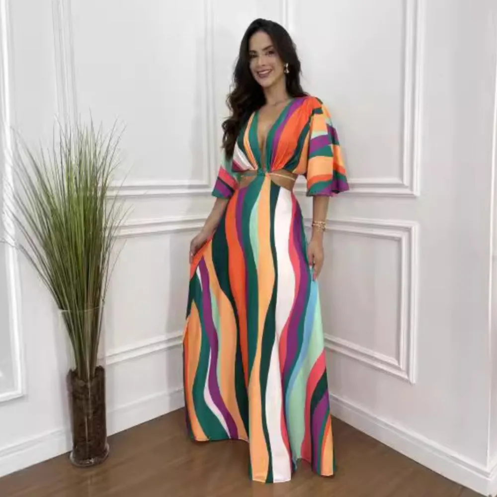 Shionable cor-bloqueada morcego manga 5 quartos vestido impresso feminino sexy recorte exposto cintura gravata feminina festa profundo decote em v vestido