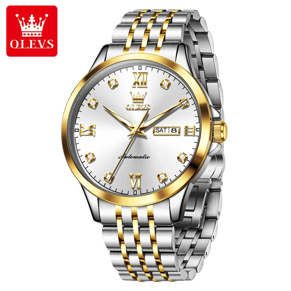 ساعة OLEVS ميكانيكية أوتوماتيكية بالكامل جديدة أصلية من الفولاذ المقاوم للصدأ بمقياس ماسي للرجال مقاومة للماء وتوهج ليلي ﻿