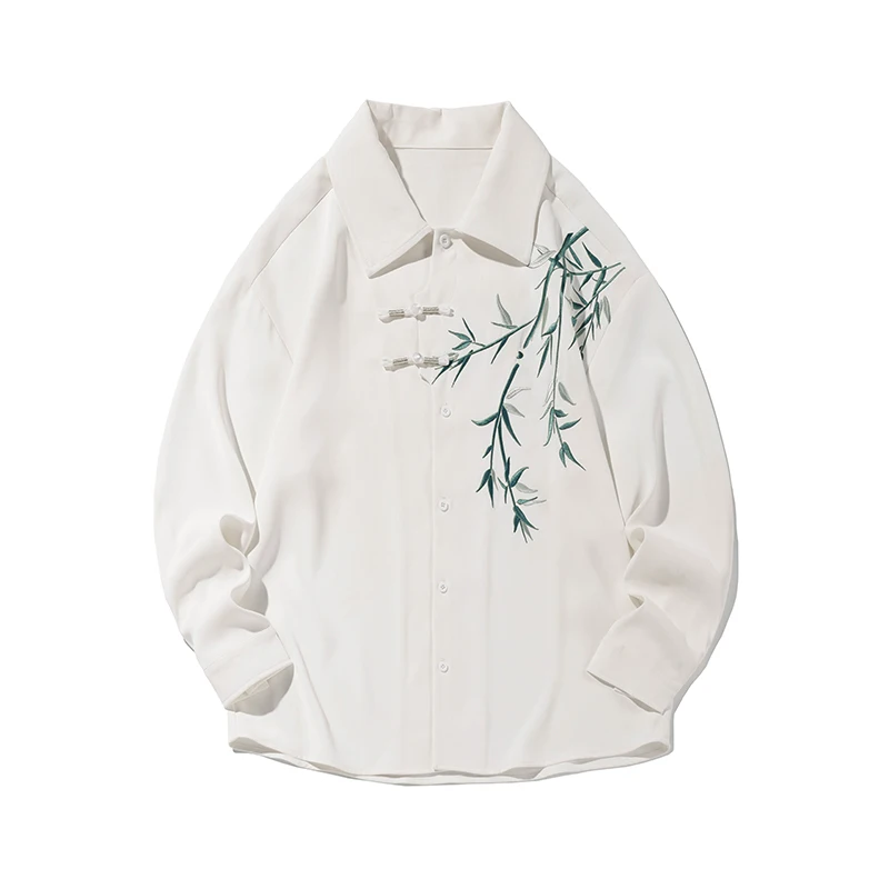 New Men's White Shirt Bamboo Leaf Embroidery Shirt Plate Button Design Shirts Traditional Tang Clothing Men Women Blouse