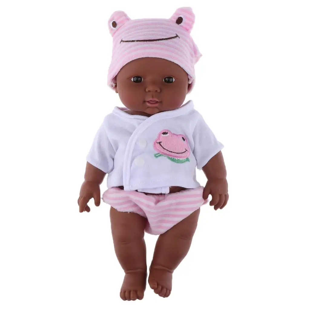 

30cm Realistic Huggable Baby Doll African Newborn Black Doll Model in Clothes Kids Sleeping Toy(Pink)