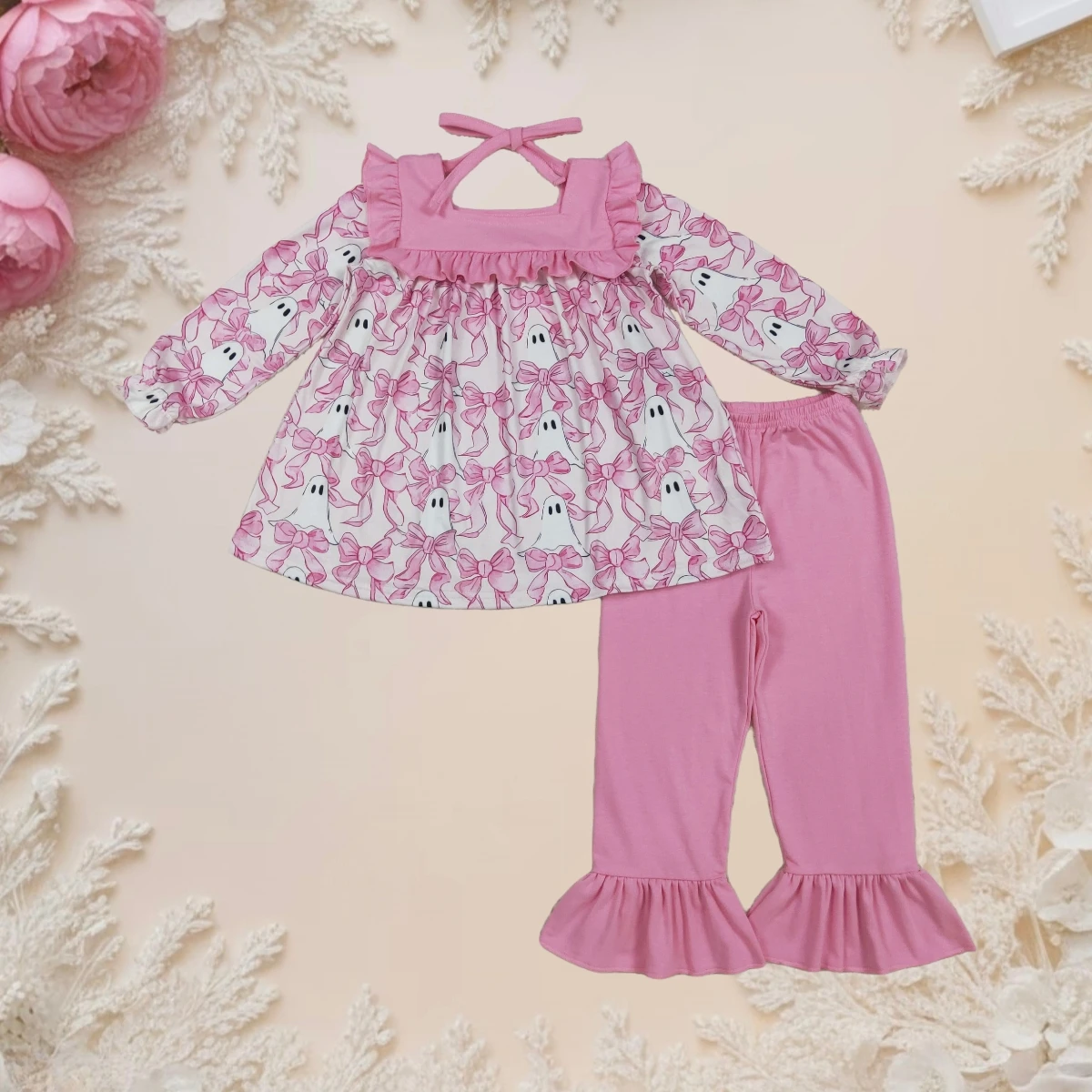 

Baby Girl Halloween Outfit Long Sleeve Tunic Top with Bow Ruffle Pants Toddler Cozy Ghost Costume Sets Kids Fashion Clothing