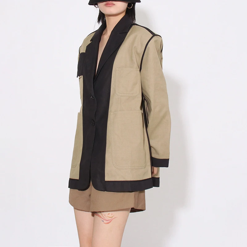 FANAN Mode Gesplitste Contrast Kleur Blazers Voor Vrouwen Grote Zakken Ontwerp Losse Jassen Kantoor Dame Jassen Vrouwelijke 2025, Herfst Nieuwe