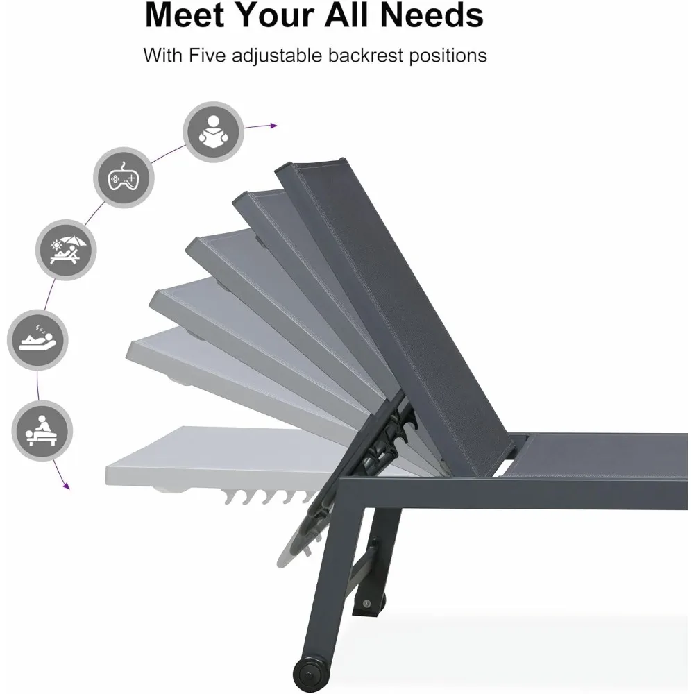 Patio Chaise Lounge Set for 2 Outdoor Chaise Lounge Chair with Aluminum Frame and Wheels Pool Lounge Chairs for Deck Yard Pools