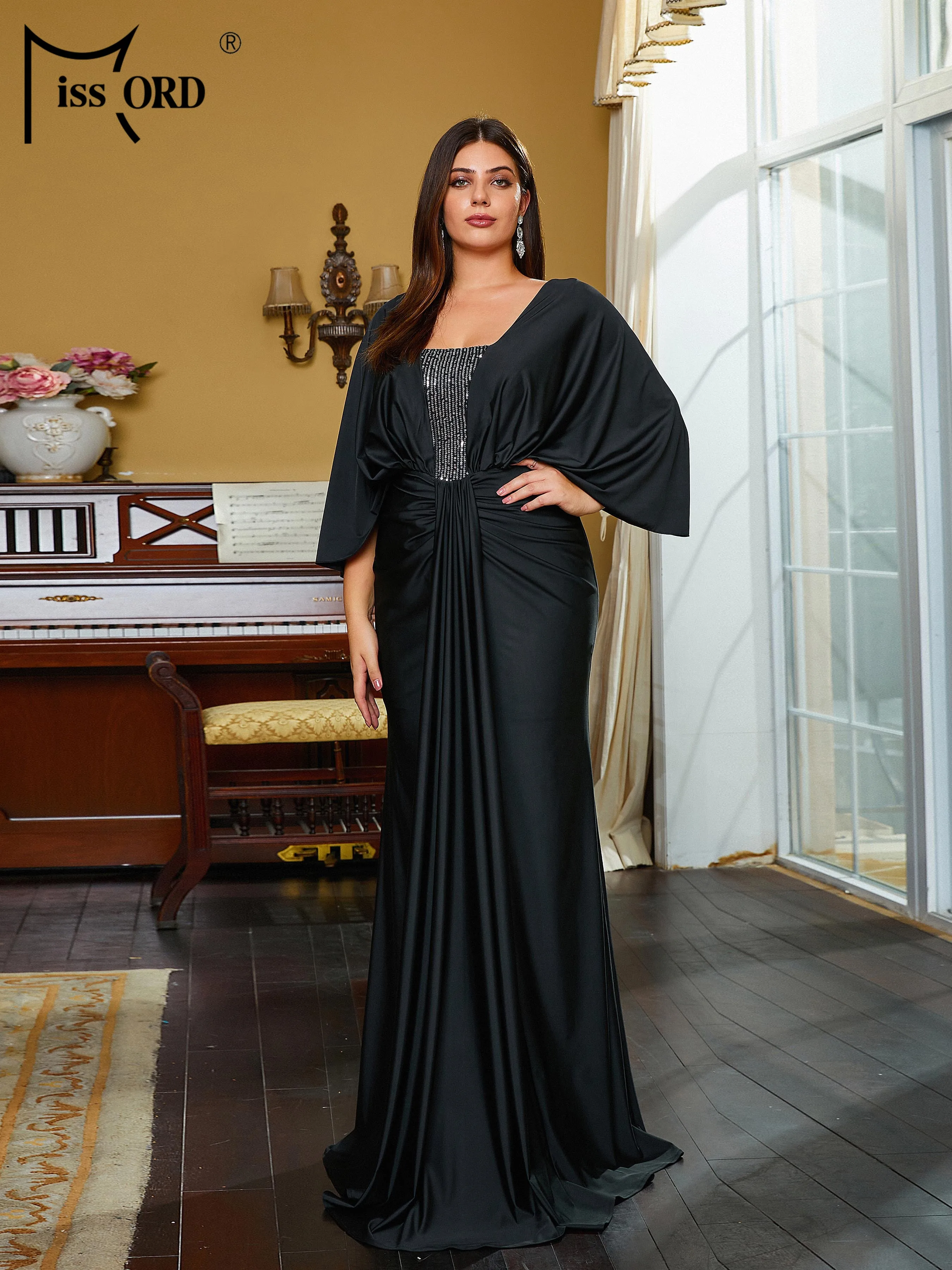 Missord New Plus Size Chic Elegant Ruched Black Floor Length Prom Formal Occasion Dresses