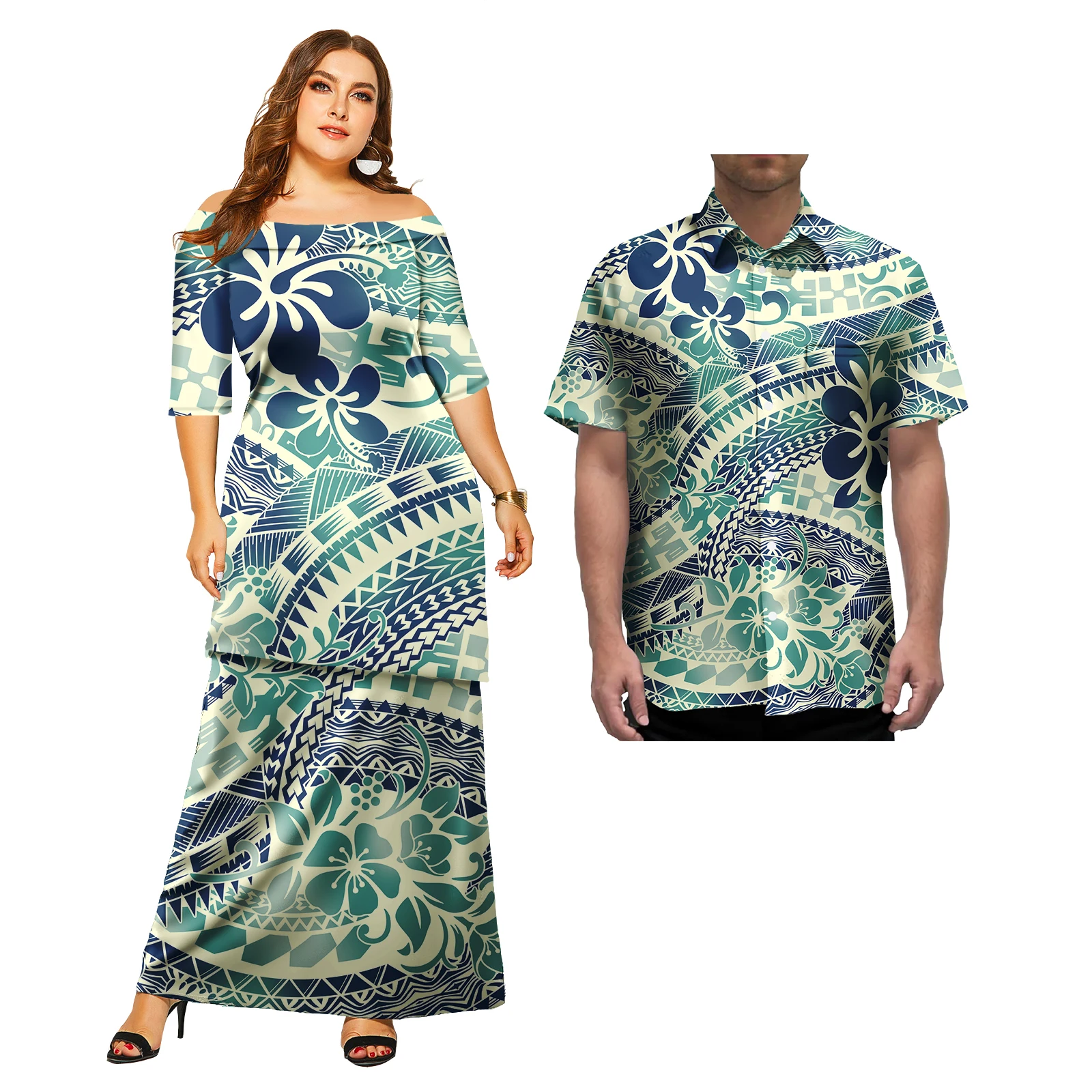 

High Quality Wholesalepolynesia tribal dressCouple Clothes Mens Shirts puletasi Woman hawaiian dress