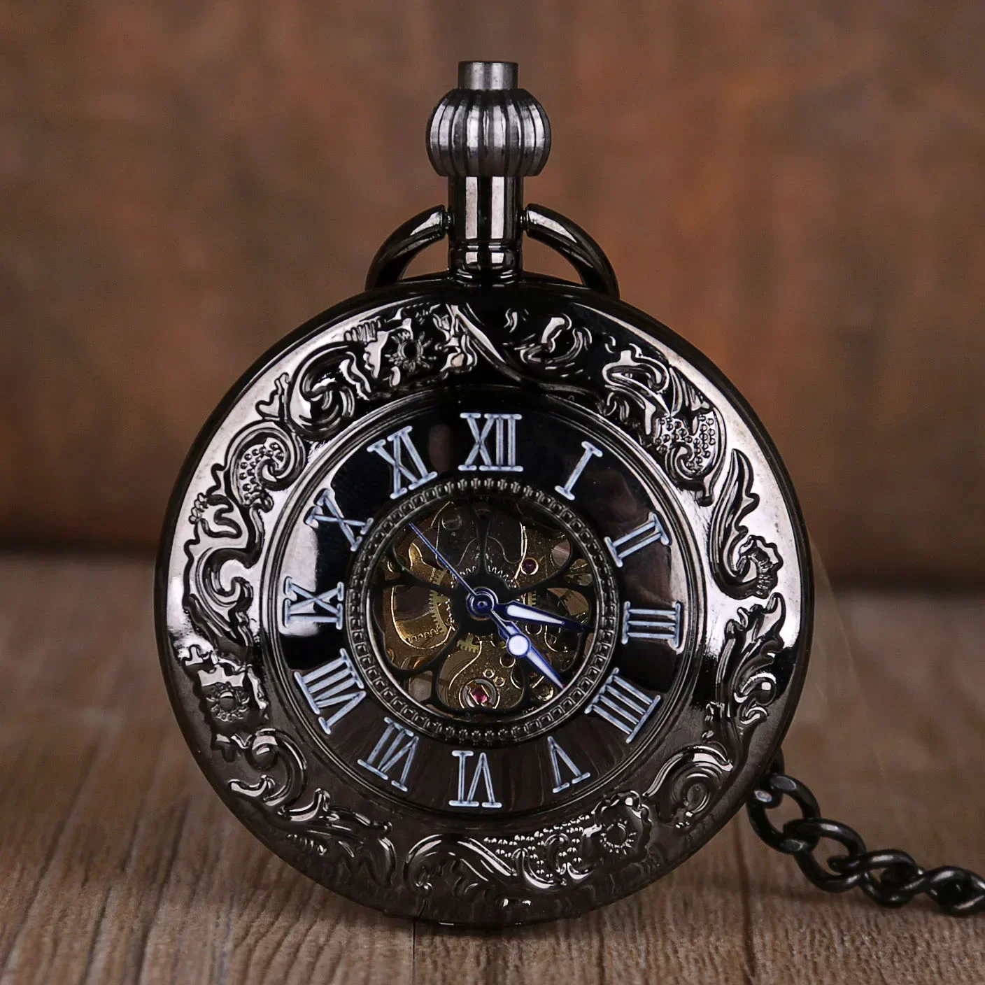 

Black Roman Numerals Mechanical Pocket Watch Men Women Black Hollow Case Steampunk Vintage Pendant Necklace Gifts for Men Women