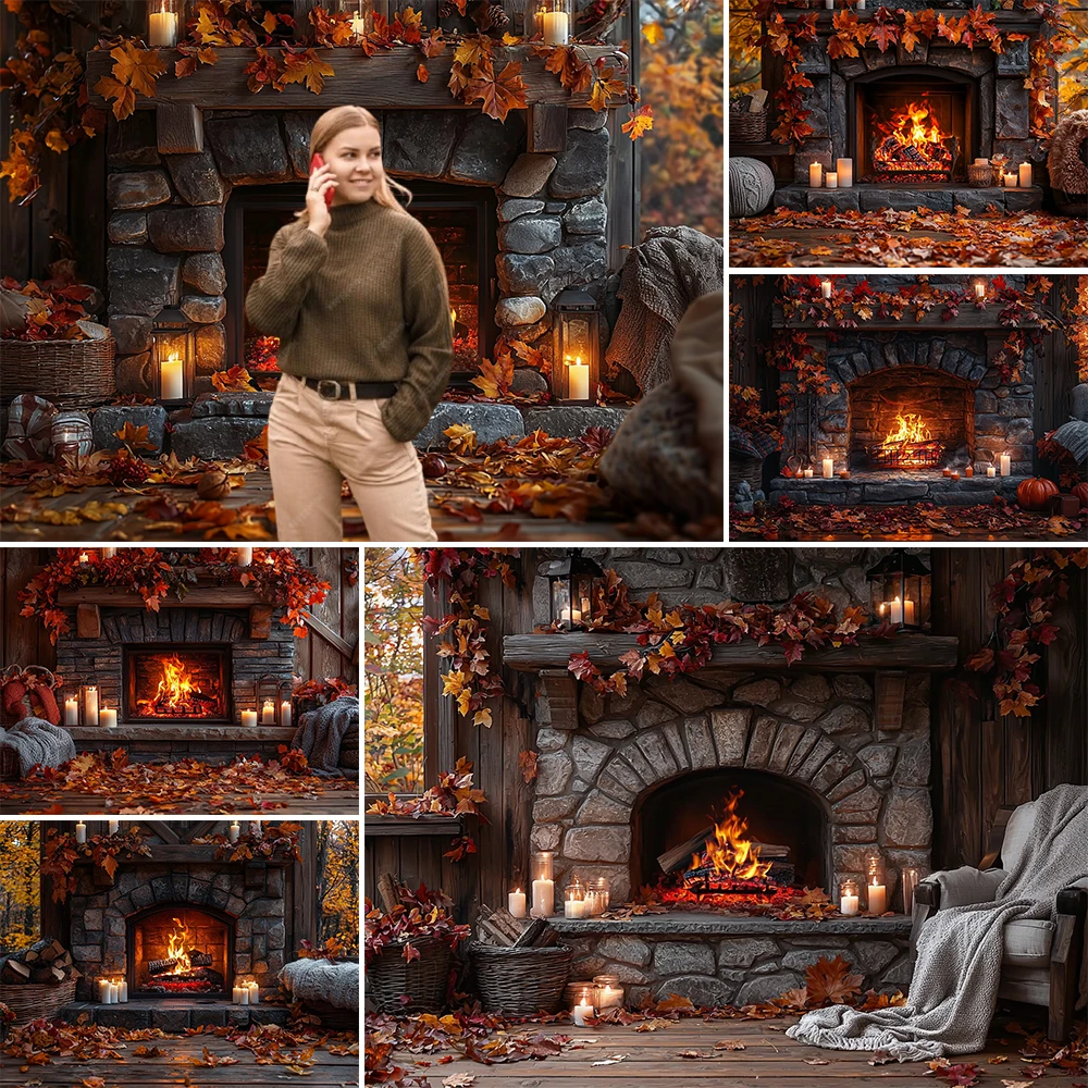 Осенний фон для фотосъемки с изображением кленового листа и камина