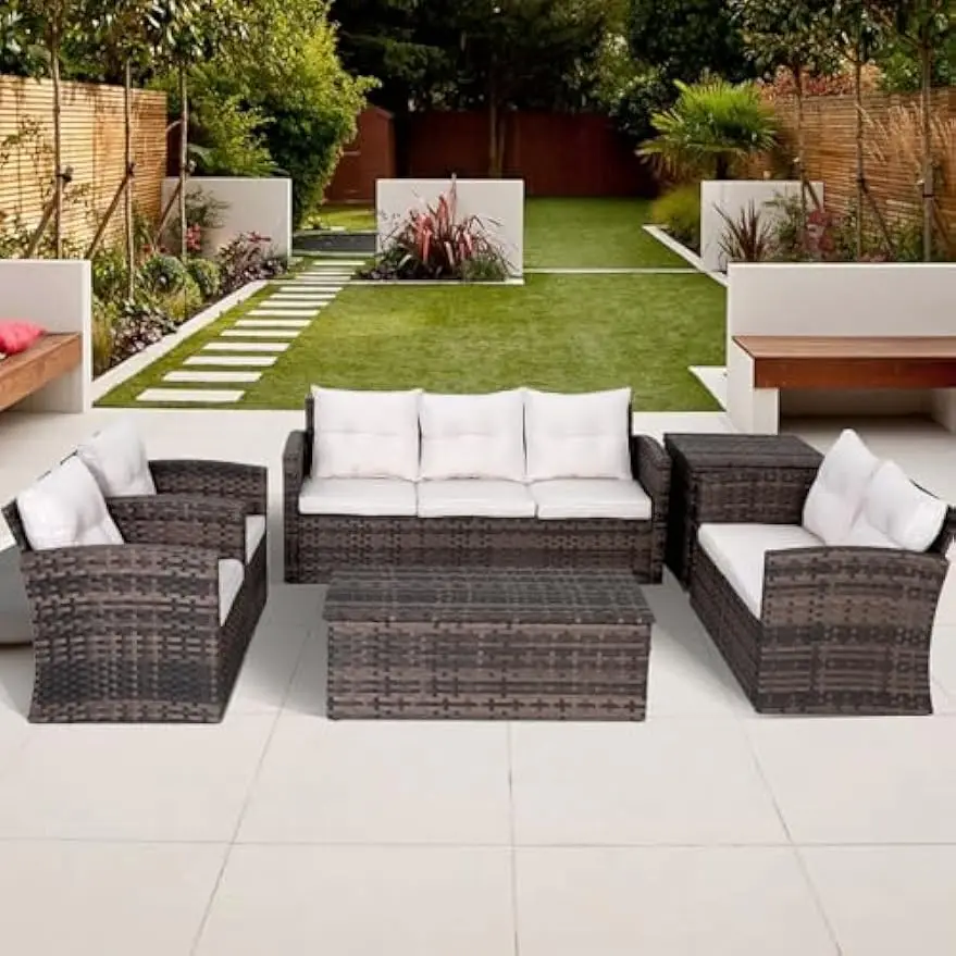 6 Stück Terrassen möbel Set, Außen terrasse Hinterhof Sofa Set mit 2 Aufbewahrung tischen und Kissen, Korb Rattan Schnitts ofa Couch