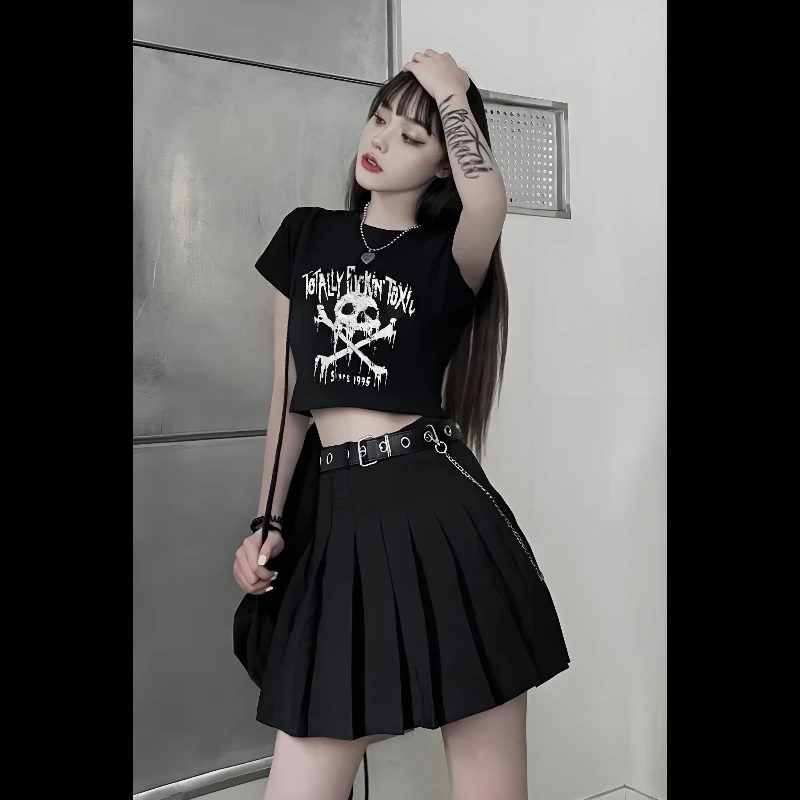 90s Cropped Tops Fashion T Shirt for Women Girl Harajuku Y2k Streetwear Emo  Alt Clothing Goth Gothic Horror Skull Tshirt