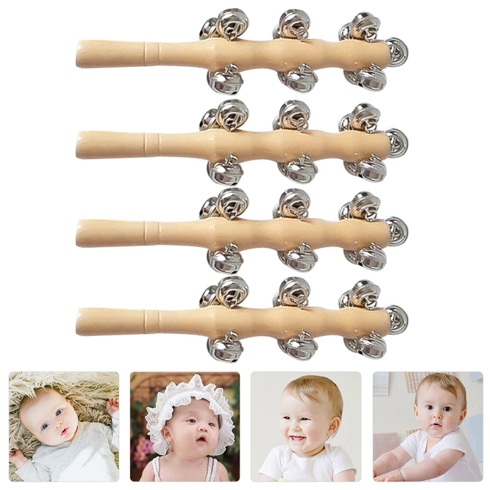 4Pcs Wood Rattle Baby Hand Jingle Bells Smooth Surface Safe for Baby Auditory Sense Training Kids Musical Instrument Educational