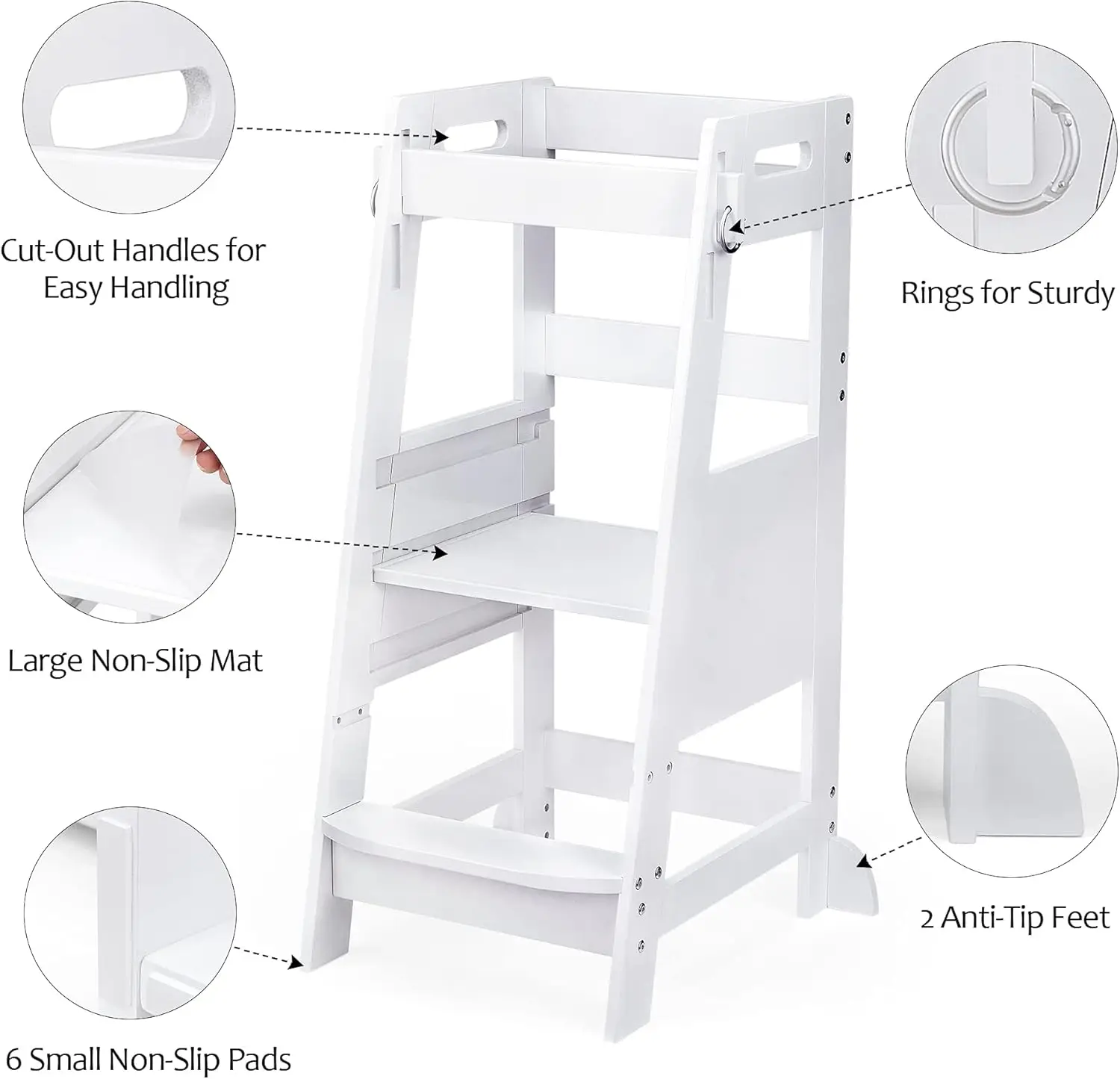 Banqueta de bambu para cozinha infantil, torre de pé branca, altura ajustável com proteção antiderrapante para contagem de cozinha infantil