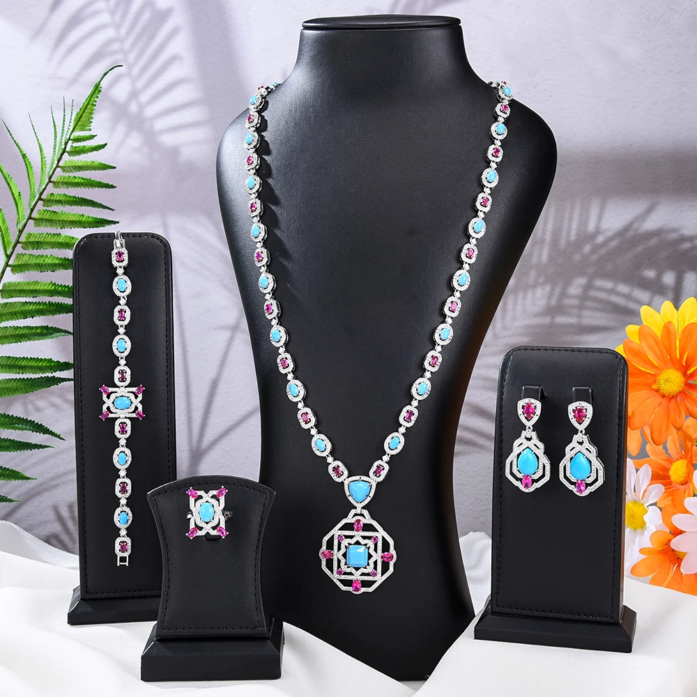 GODKI New Fashion Turquoise UAE Dubai Bridal Jewelry Set For Women Wedding Party Nigerian African Necklace Earring Set