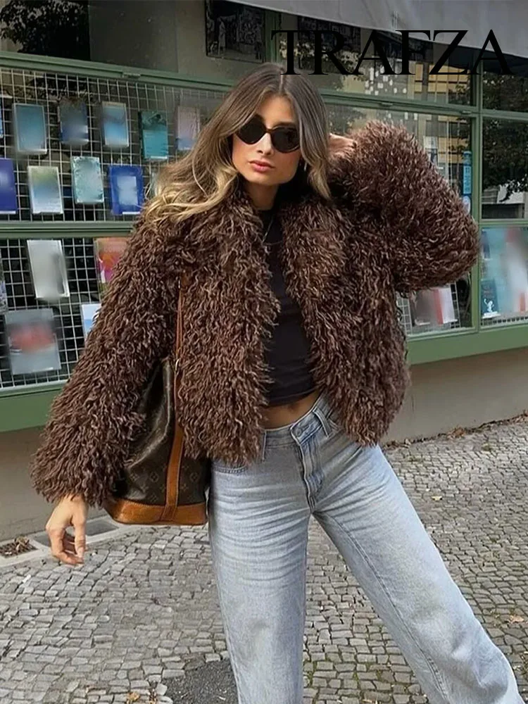 TRAFZA Women\'s Winter High Street Faux Fur Loose Warm Coats Brown Turn Down Collar Long Sleeves Female Fashion Thick Coats