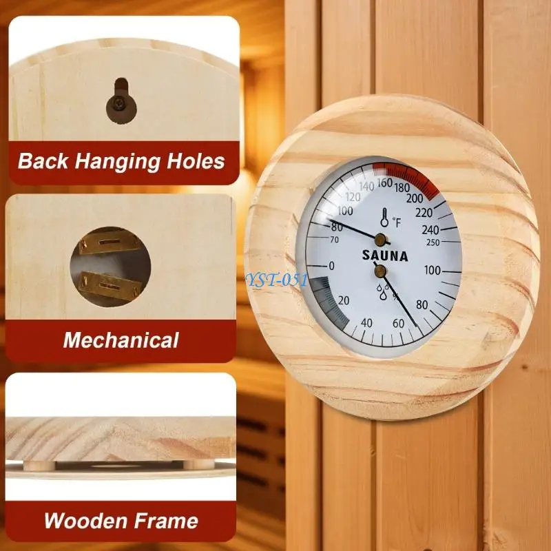 E15A Mechanical Sauna Thermometers Hygrometer, Wooden Wall Gauge for Indoor Sauna Room and Steam Room Temperature Humidness