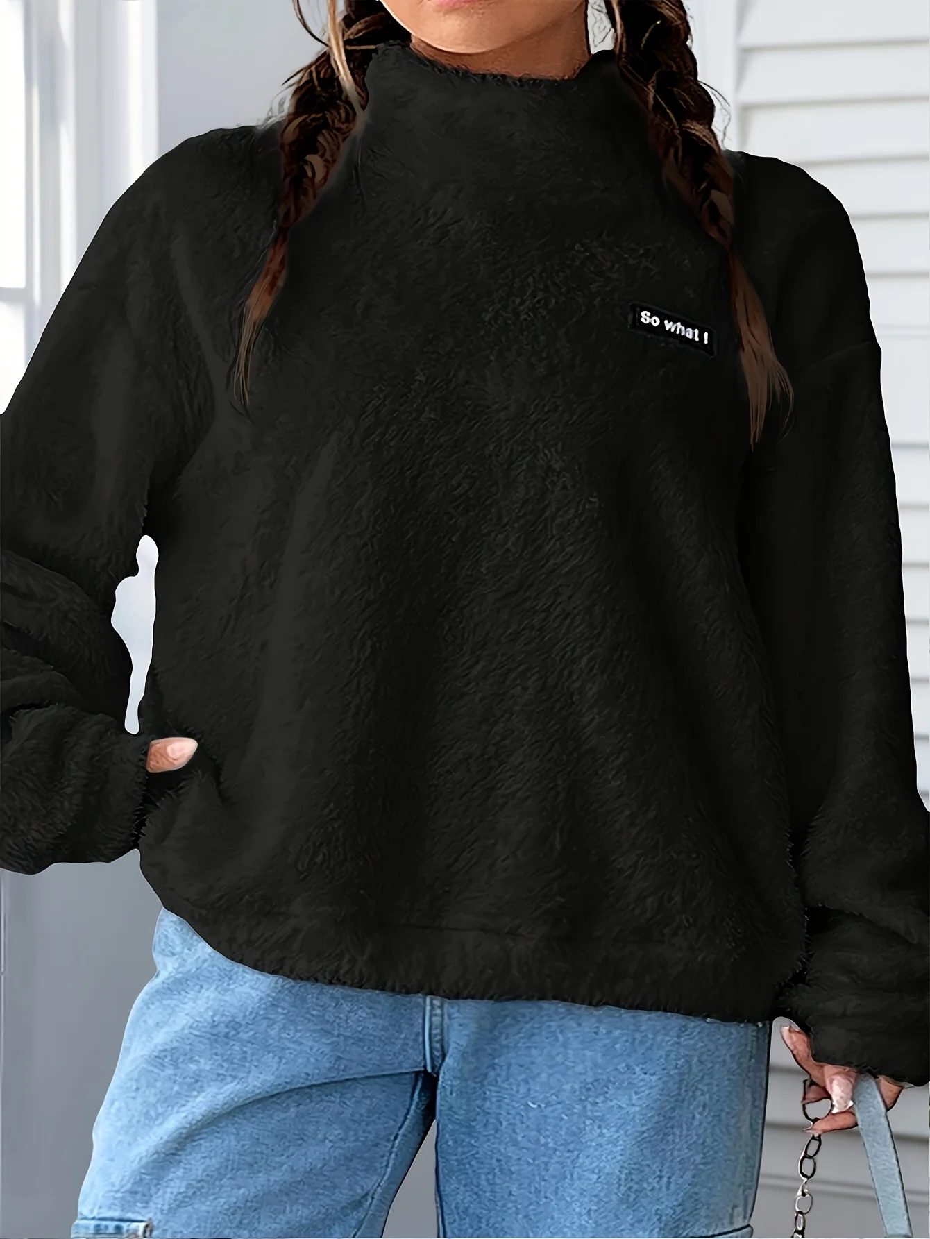 Women's Black Fuzzy Turtleneck Sweatshirt "So What" Graphic Long Sleeve Casual Oversized Pullover Top