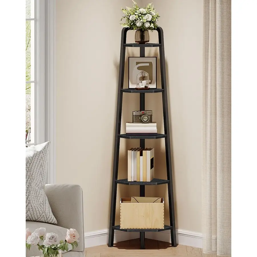 

Corner Shelf, 5Tier Ladder Corner Shelf, Ladder Bookshelf, 59.6 Tall Vertical Display Stand, Metal Frame Bookshelf, for Living