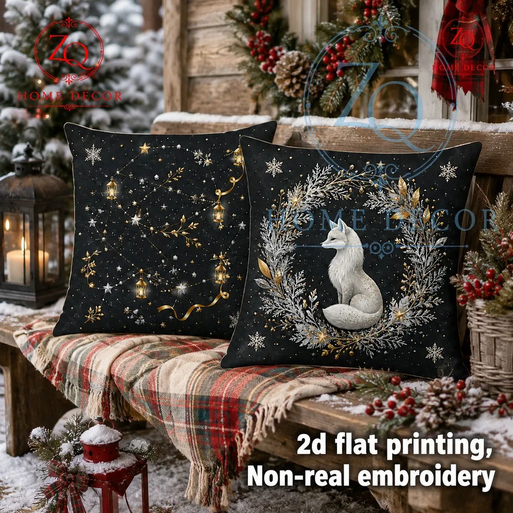 Black  gold light luxury Christmasstyle pillowcase with white fox  Hoshino style full  mosphere plush texture perfect  winter