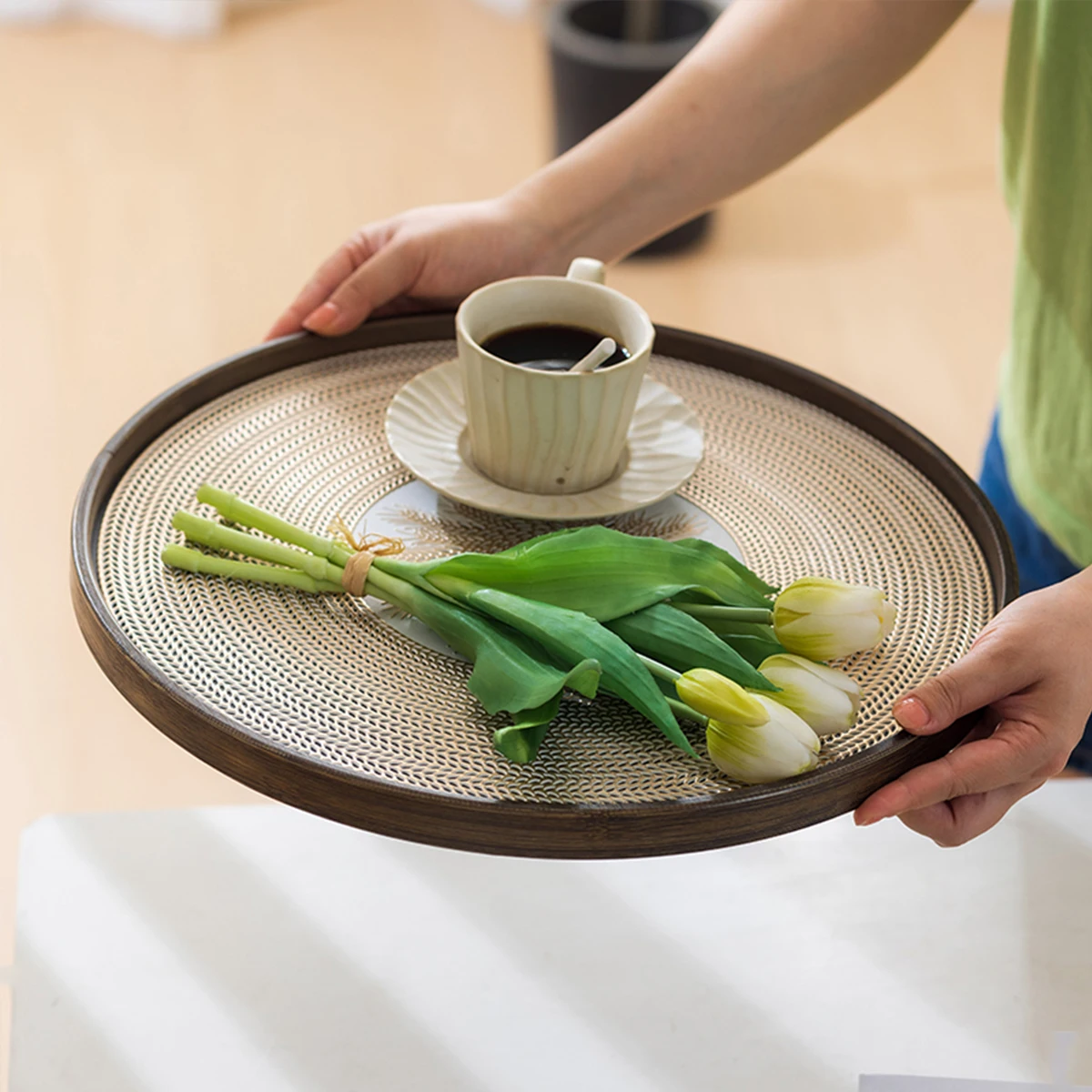 bamboo Serving Tray,wood Breakfast Tray,for Serving Food, Coffee, Tea, and More Classic round Coffee Table Tray