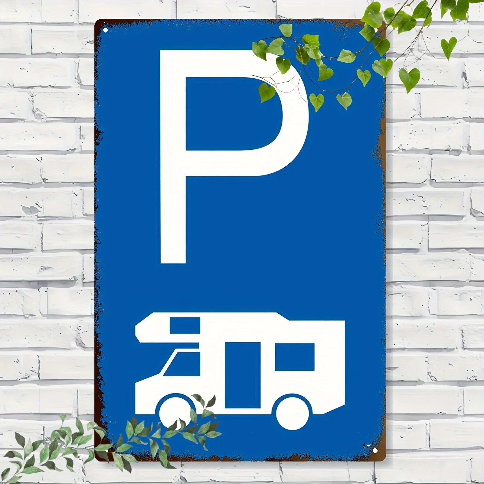 2D Flat, 1pc Vintage RV Parking Sign - Rustic Blue Wall Art Featuring a White 'P' And Camper Van Design, Measuring 8