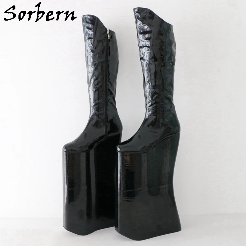 

Sorbern Knee Drag Queen 40cm Wedge Boot Women Patent Black Punitive Shoes Zip Up Thick Platform Crossdreser Boots Custom