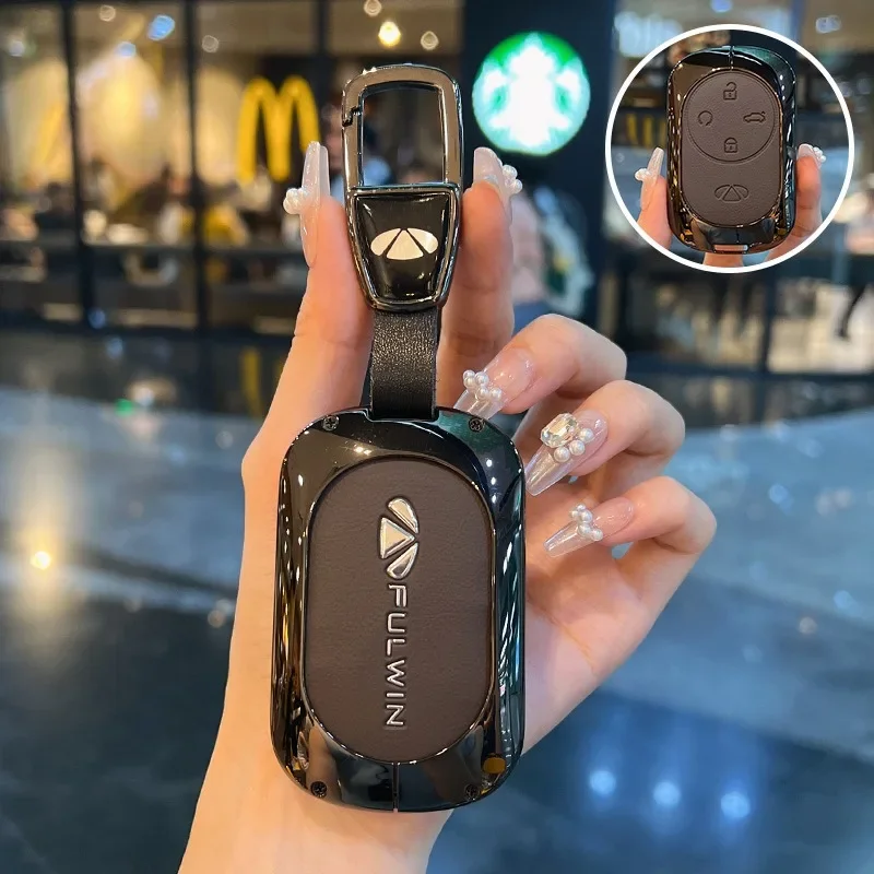 

Leather Car Key Case Cover Holder Key Shell Buckle for Chery Fengyun T9 (2025), Tiggo 9 CDM, T10, A9, A8L CDM