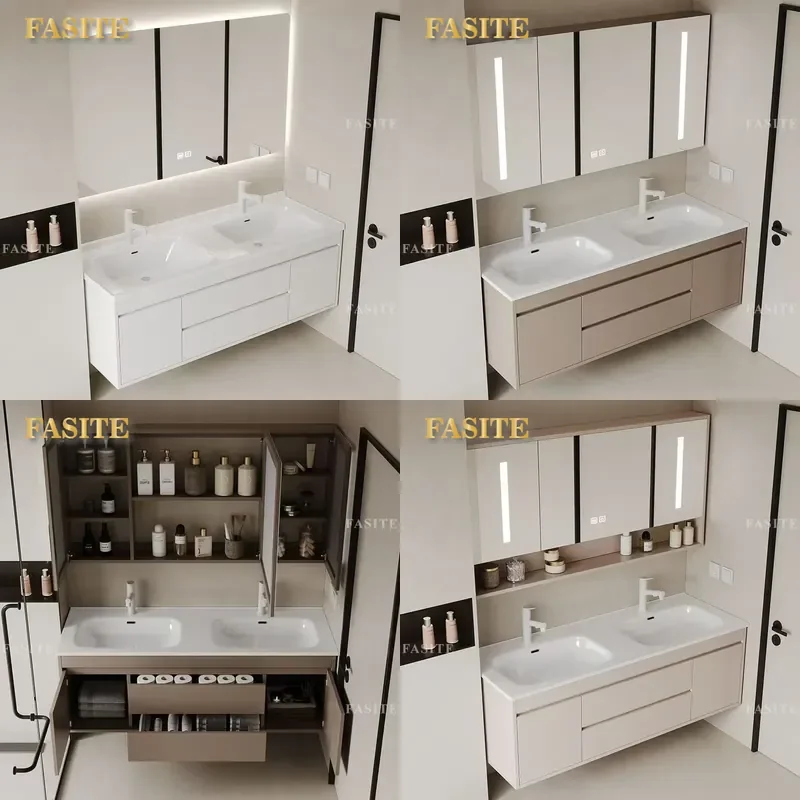 For Double Ceramic Integrated Basin Solid Wood Bathroom Cabinet Corner Cutting Washbasin Combo Vanity Unit Modern Bathroom