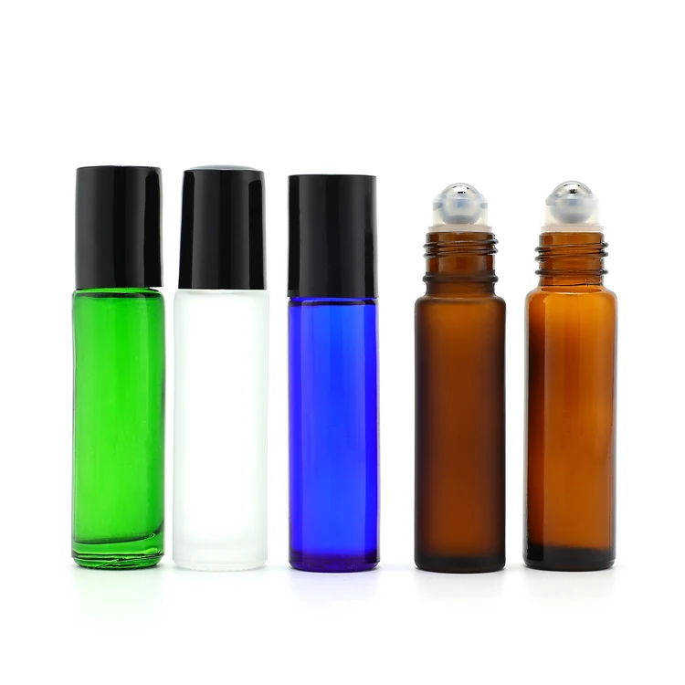 100pcs Wholesale empty essential oil perfume 10ml frosted clear green purple blue glass roll on bottle with metal roller ball