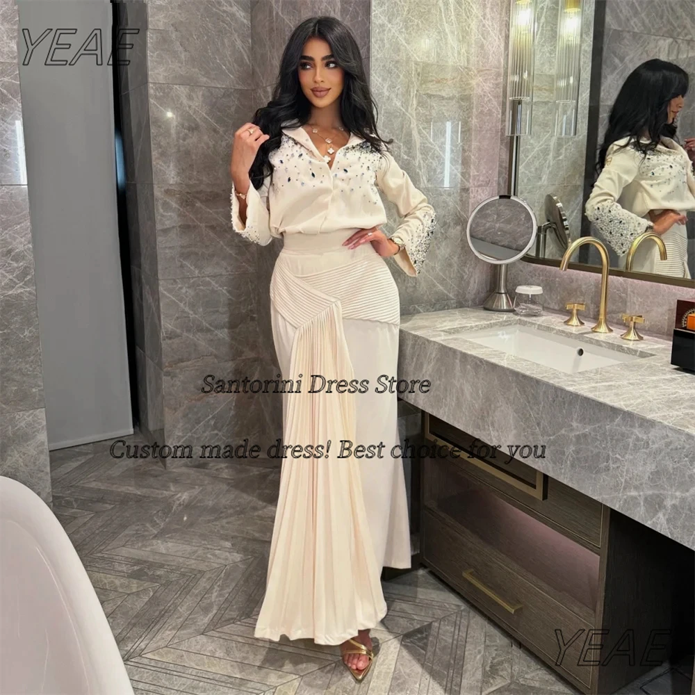 

Santorini Customized Prom Dresses Lapel V Neck Beaded Long Sleeves Evening Gowns Saudi Arabia Women Ankle Length Party Dress