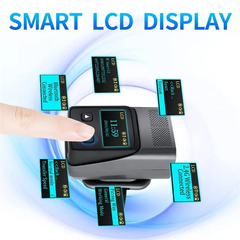 M51K-Ring Barcode Scanner With Screen, Bluetooth Enabled Finger QR Code Reader, 1D Laser/2D Mini Scanning Functionality