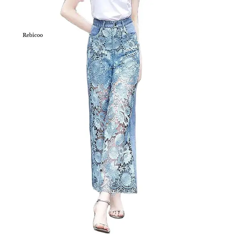 

2022 New High-Waist Fashion Wide-Leg Pants women's Hollow Lace Stitching Denim Pants Loose Straight-Leg Jeans Trousers Female