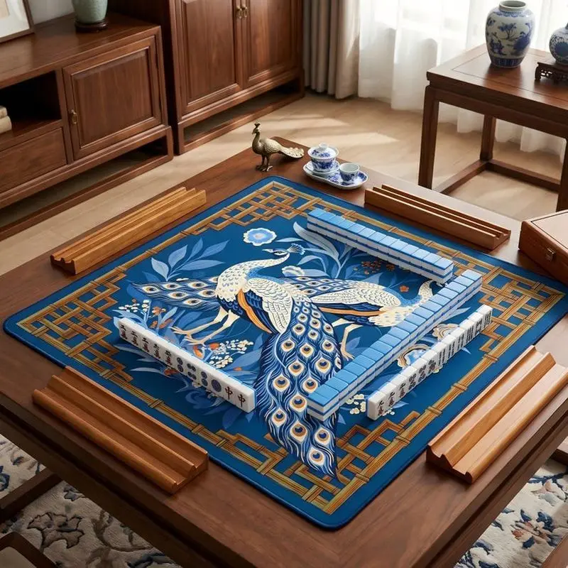 VIKAMA Dark Blue Golden Peacock Mahjong Mat Thick Shock Absorb Dual Use Chinese American Mahjong Table Pad
