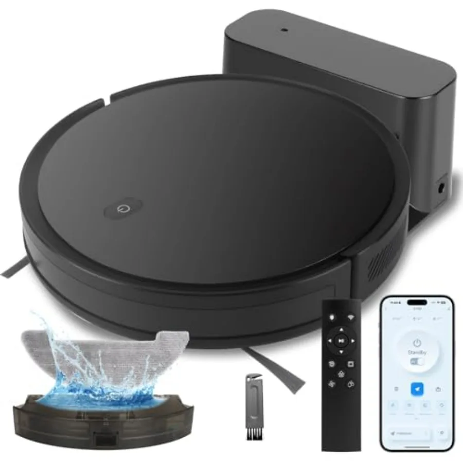 Robot aspirateur et serpillière 2 en 1 pour sols durs et tapis, plastique ABS, noir, aspiration de 3500 Pa avec 120 minutes d'autonomie et 2,9 S