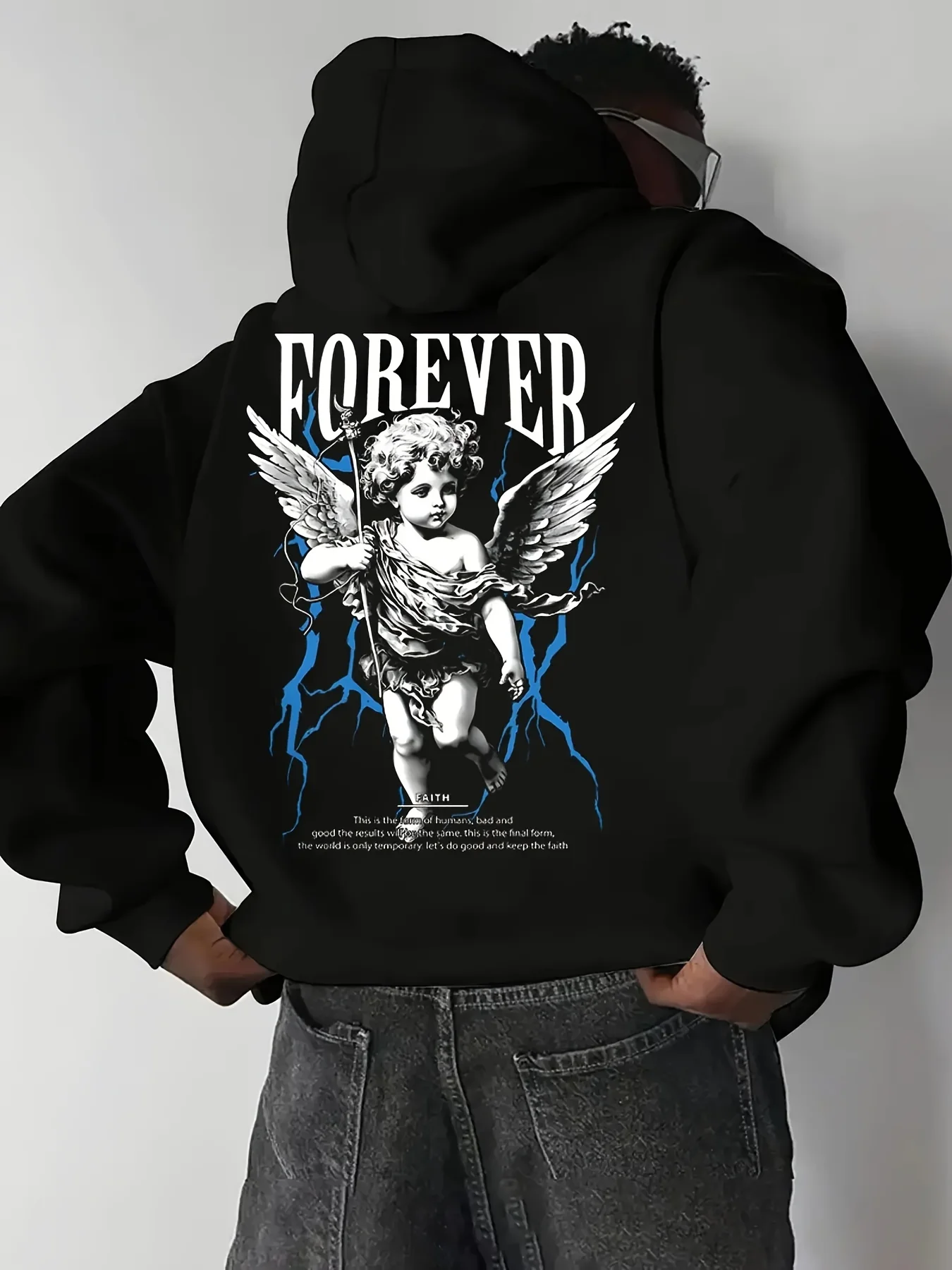 سترة بغطاء للرأس بطبعة ملاك للرجال، بلوفر تيري فرنسي كاجوال مع جيب برباط، بوليستر 100%، قماش محبوك غير قابل للتمدد، فضفاض #1