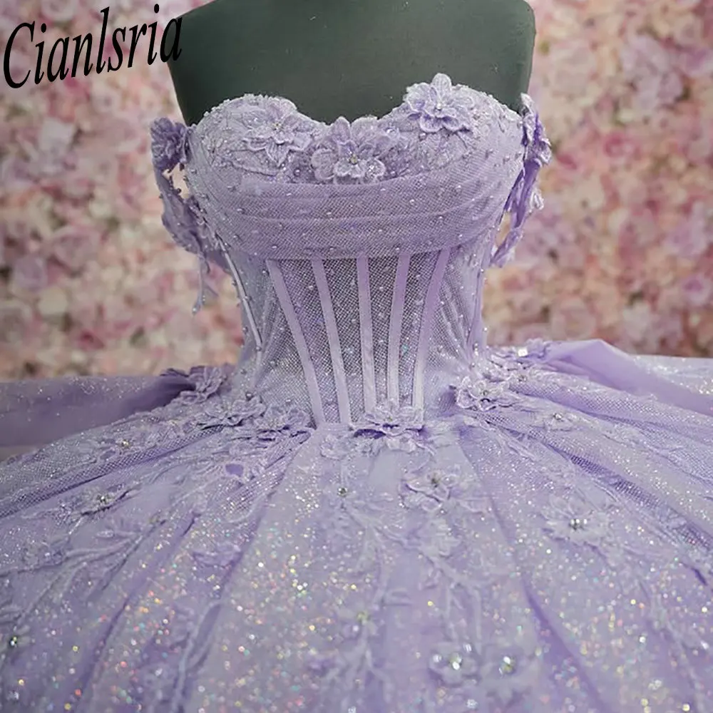 

Lilac Glitter Crystal Ruffles Quinceanera Dresses Ball Gown Off The Shoulder Appliques Lace Sweet 15 Años Mexican Customized