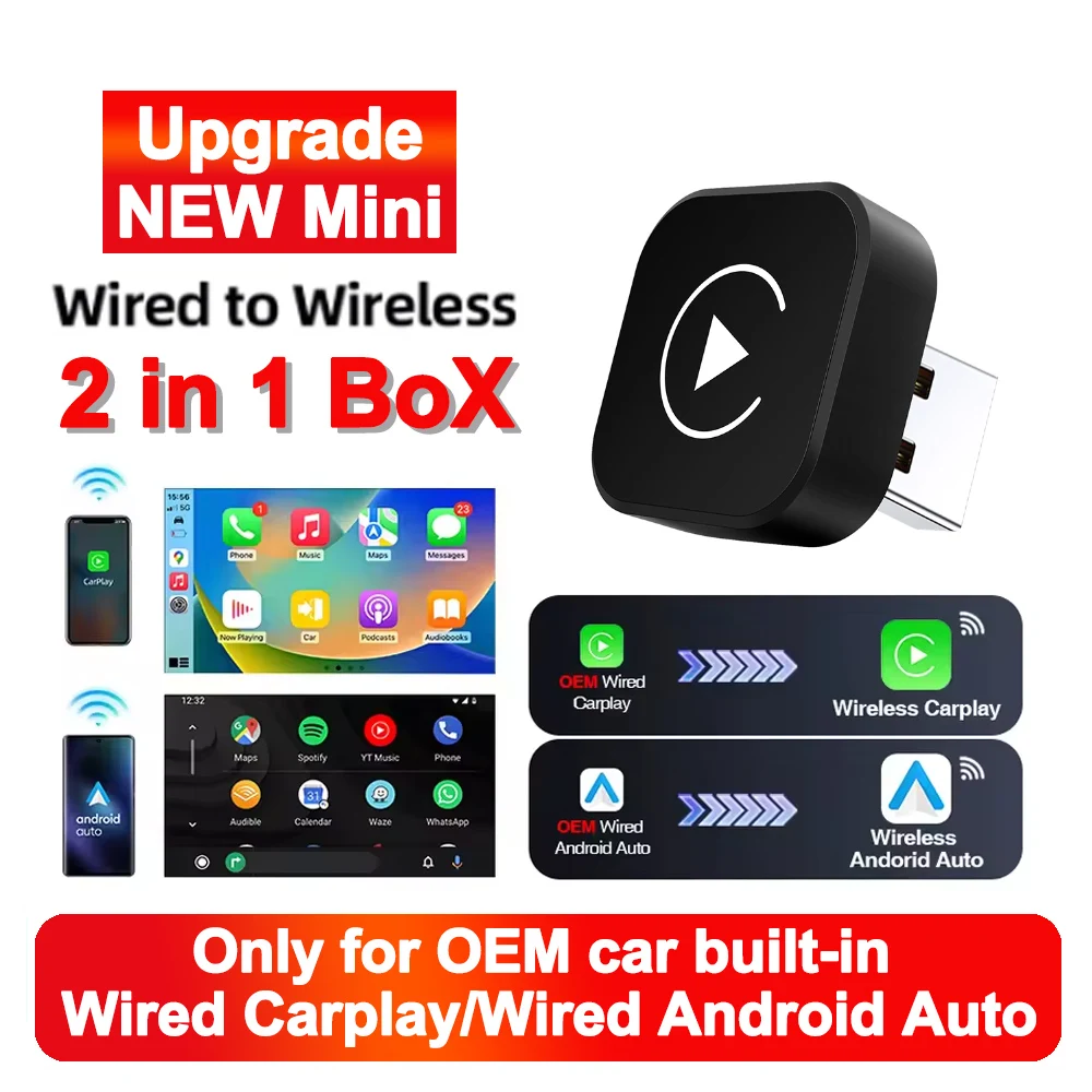 2in1 bedraad naar draadloze CarPlay Android Auto Adapter voor OEM autoradio met USB Plug and Play