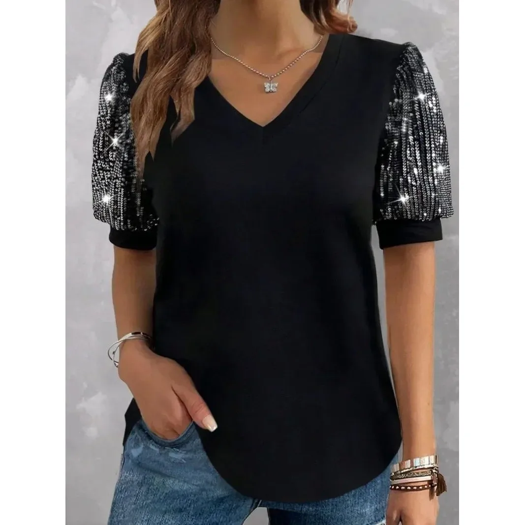 

plus Size Color Bloing Sequin Tirt Women's Summer XL5XL Big Size Ladies Faion Pear ape Fit Glitter Top