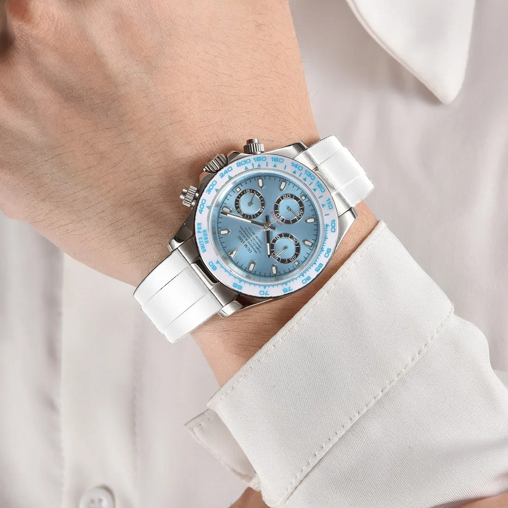 ธุรกิจ 39 มม.นาฬิกาควอตซ์ผู้ชายChronograph SapphireคริสตัลVK63 การเคลื่อนไหวสีขาวเซรามิคBezelสแตนเลสผู้ชายVK63 นาฬิกา