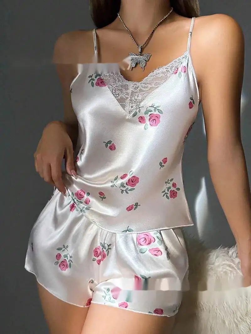 여름 뜨거운 판매 꽃 패턴 반바지 세트 레이스 트림 순수한 욕망 캐주얼 여성 반바지 세트 딥 V 민소매 우아한 DALY