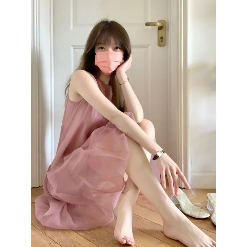 Vestido francés sin mangas de color rosa suave y dulce para mujer, nuevo diseño avanzado, vestido versátil y elegante