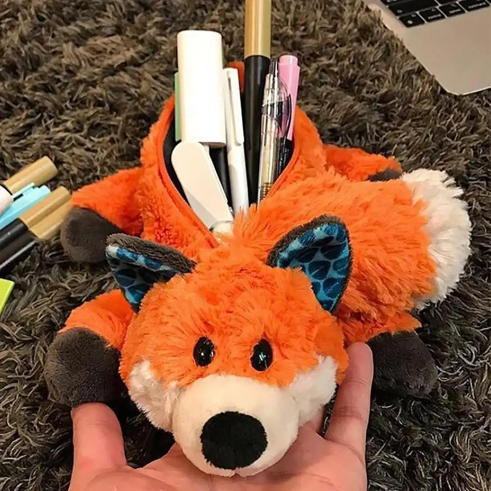 Desenhos animados Fox Shape Pencil Case, Saco de papelaria do estudante, Lápis de fechamento do zíper, Marcadores Maquiagem Organizador