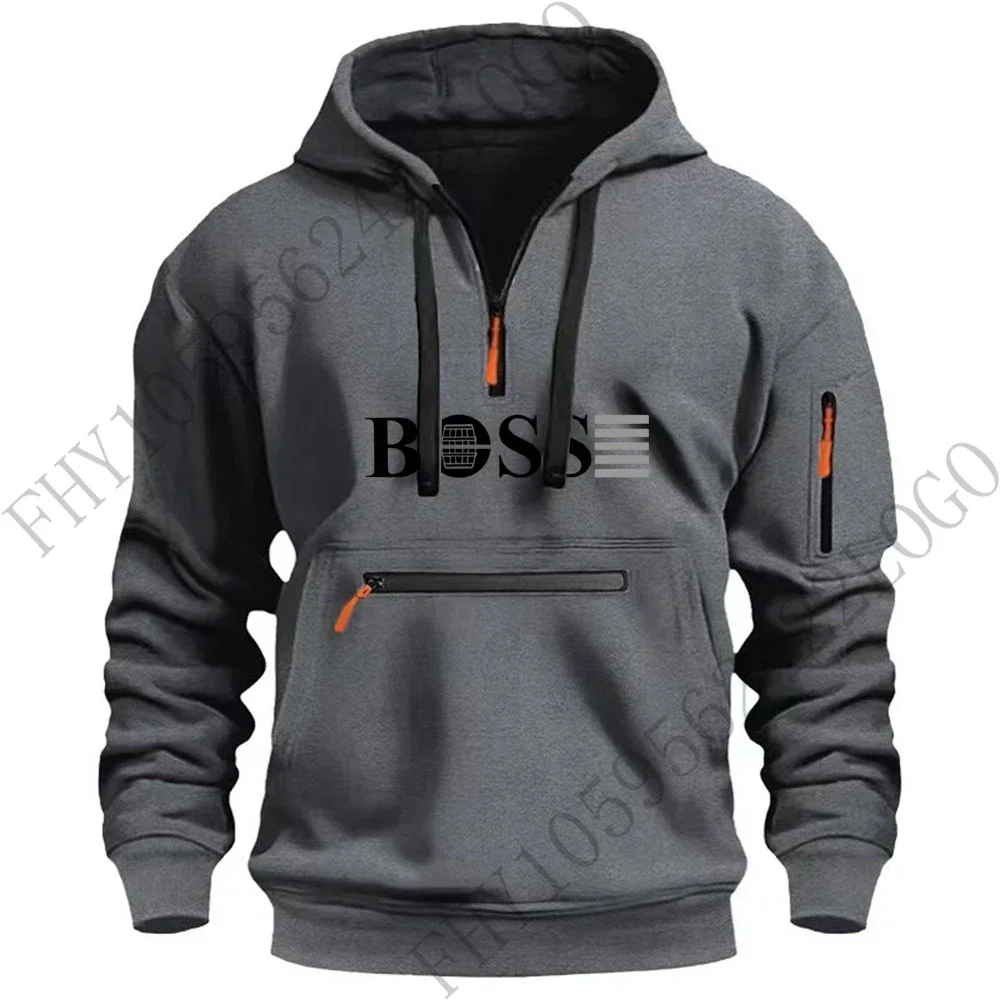 2024 new men's autumn and winter fashion hooded long-sleeved multi-zipper arm pocket sportswear casual sports pullover