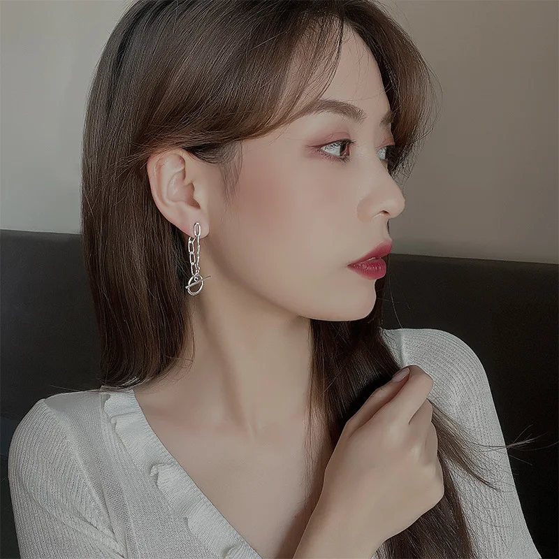 CIAXY Silver Color OT Buckle Chain Earrings for Women Creative Design Back-hanging Long Earring  Fashion Rock Jewelry